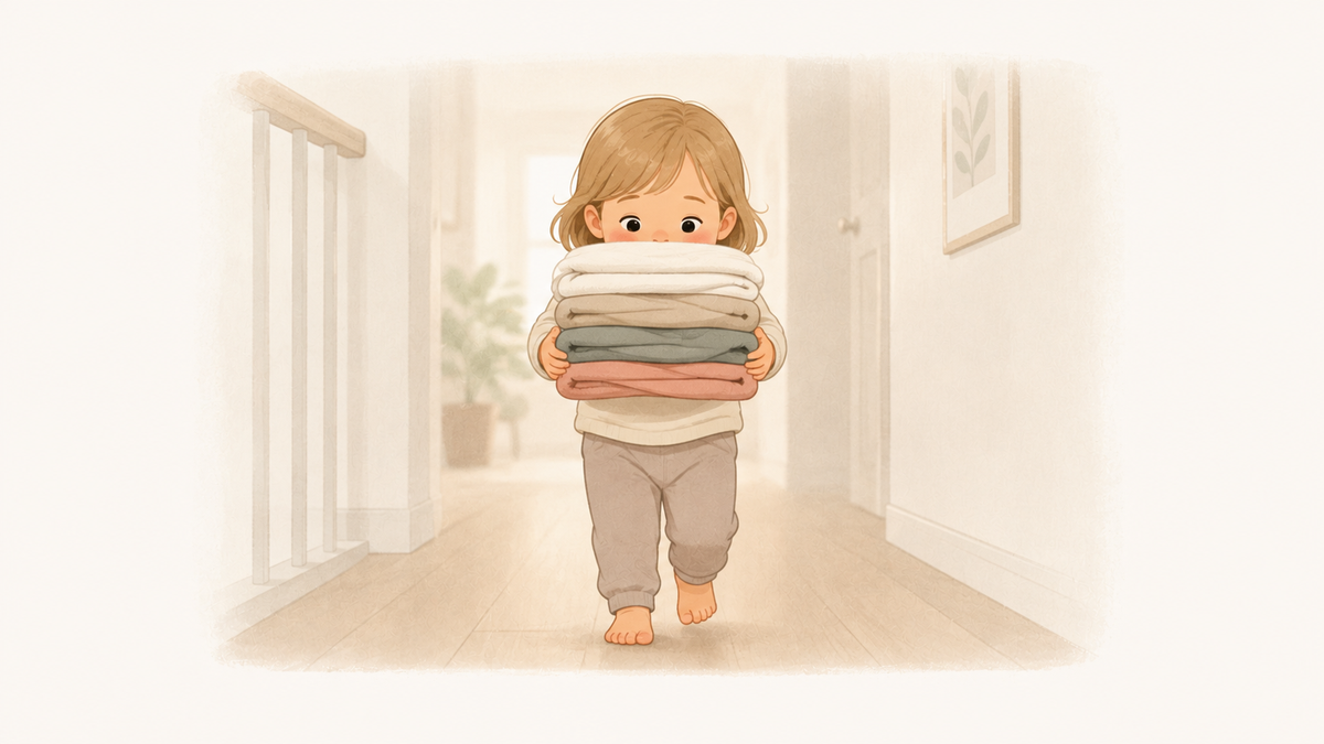 Young child carrying a small stack of folded laundry down a hallway