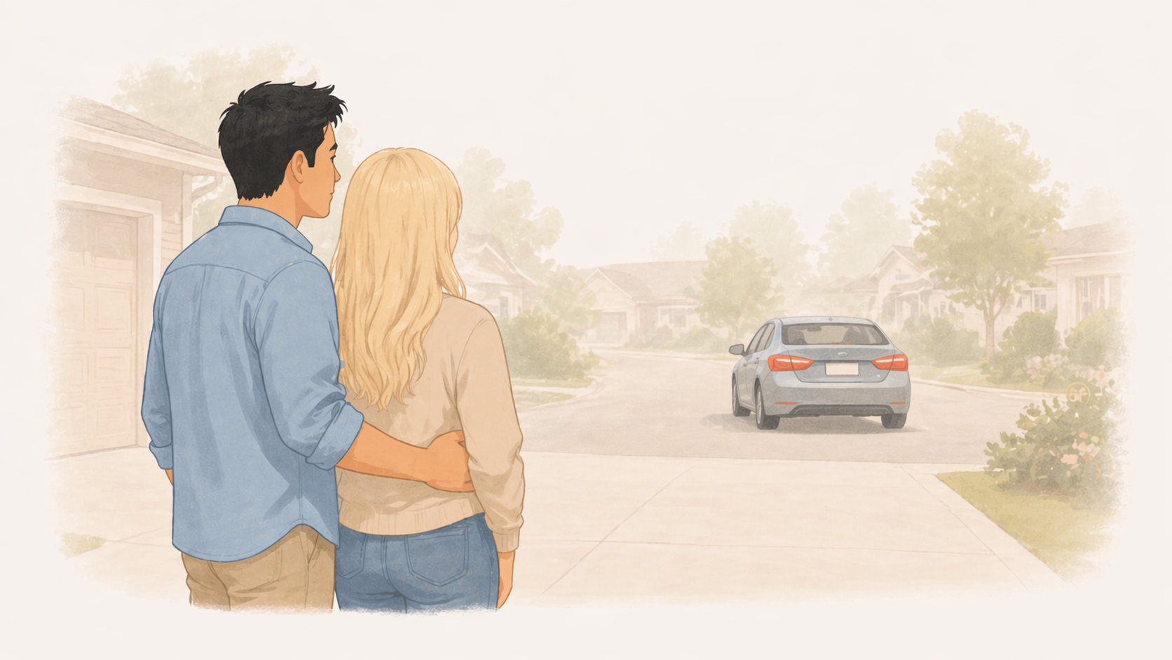 Parents watching from the driveway as teenage daughter backs the car out alone for the first time