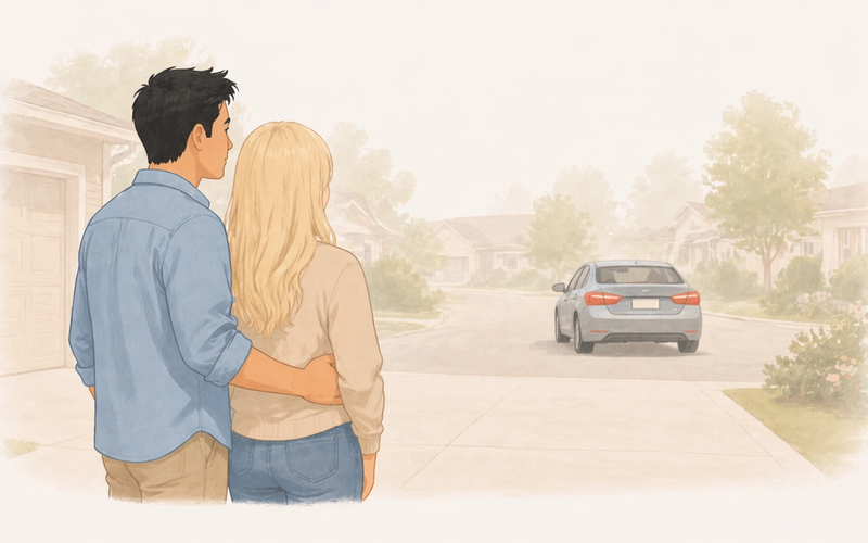 Parents watching from the driveway as teenage daughter backs the car out alone for the first time