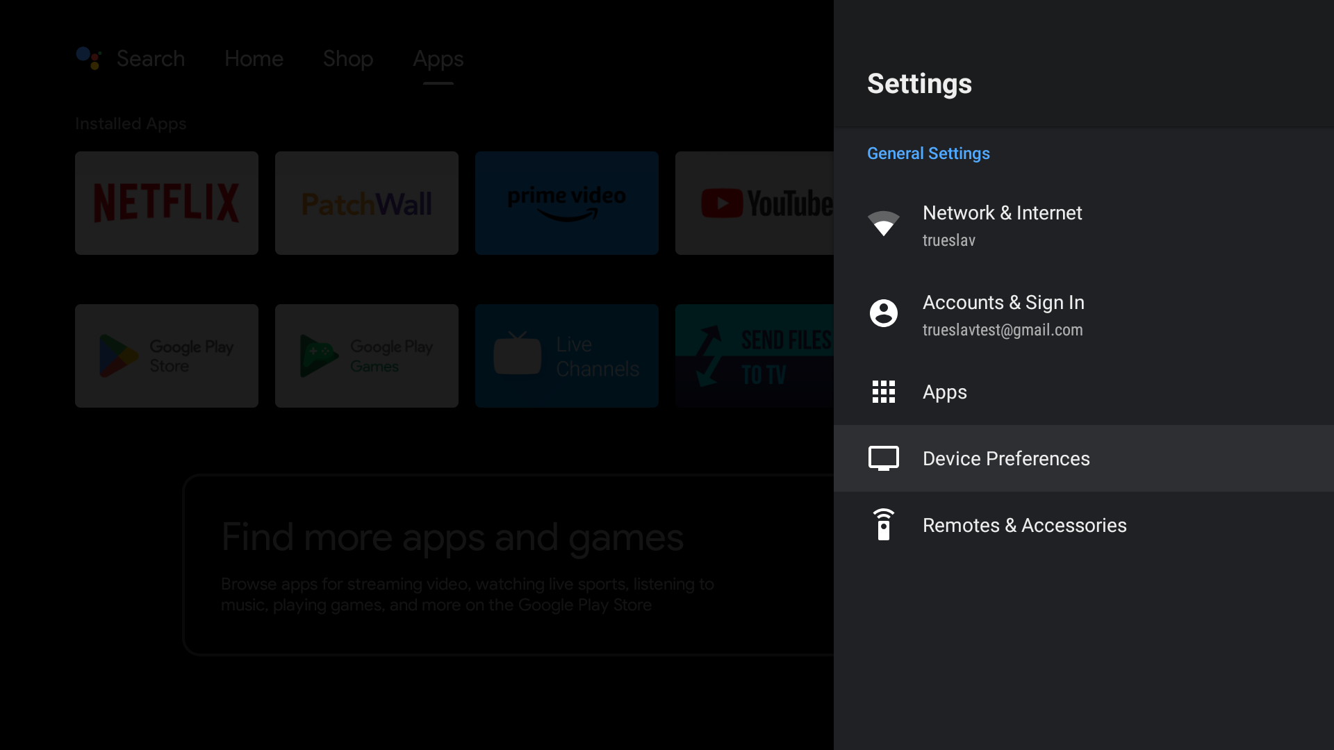 device preferences na Android TV boxu