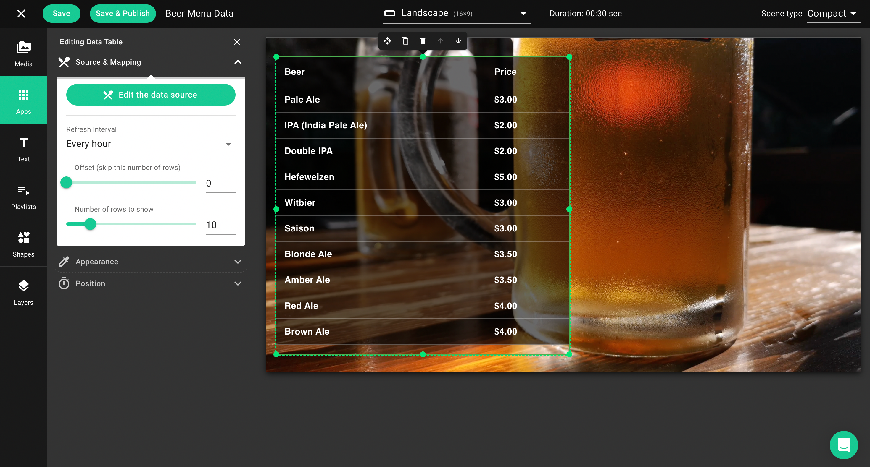 an example of data table loaded from google spreadsheets on digital signage screens