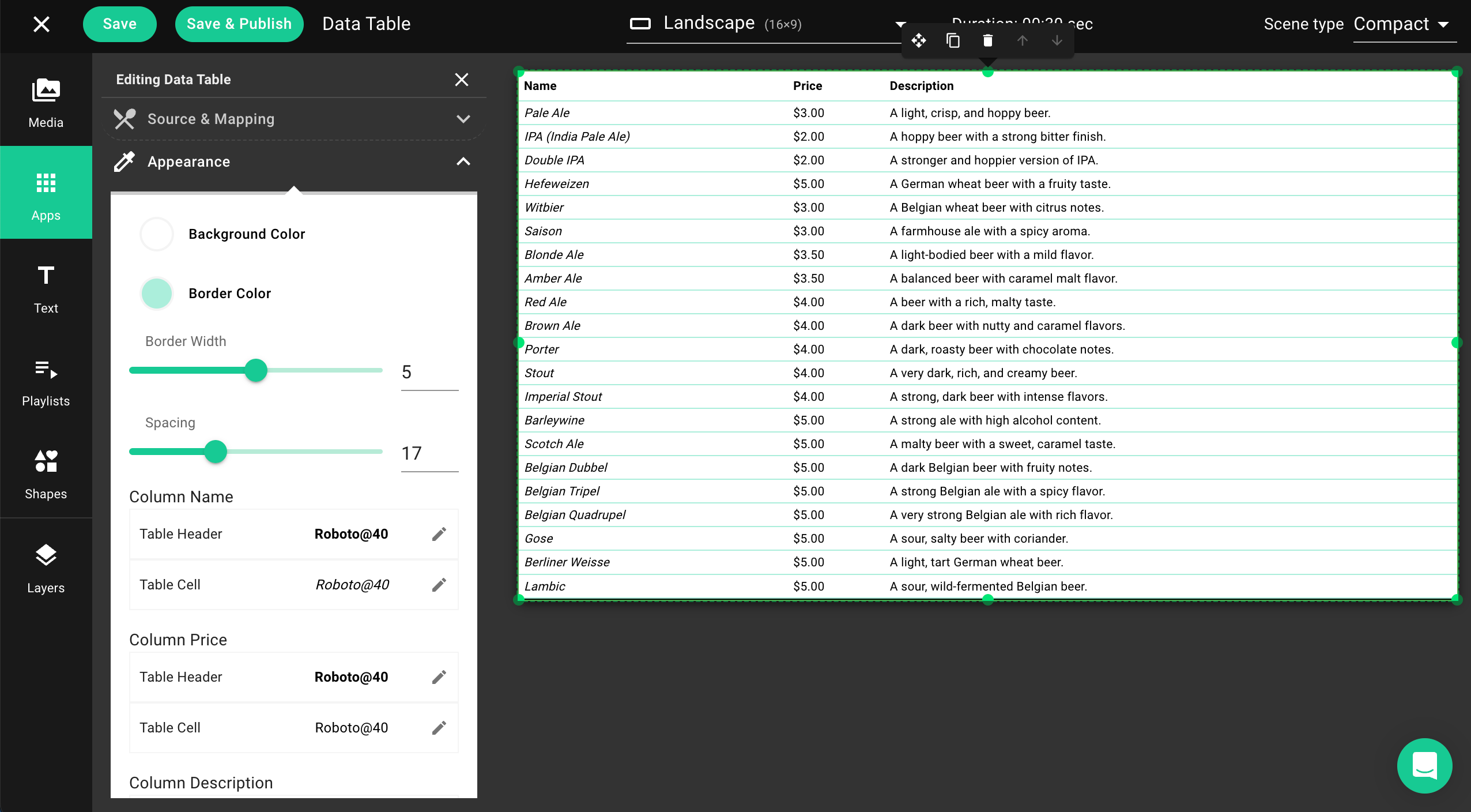 scene data table appearance