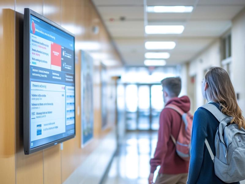 Students looking at a digital signage display