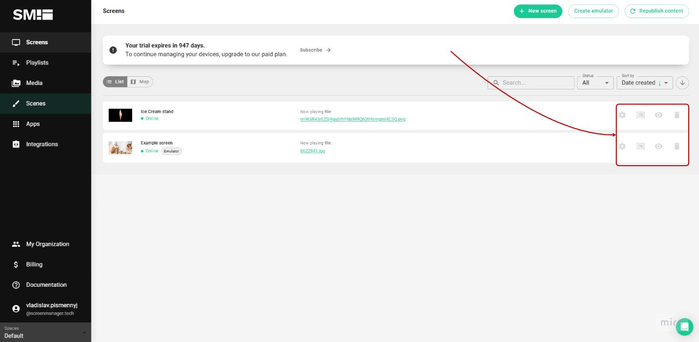 Advanced screen settings menu