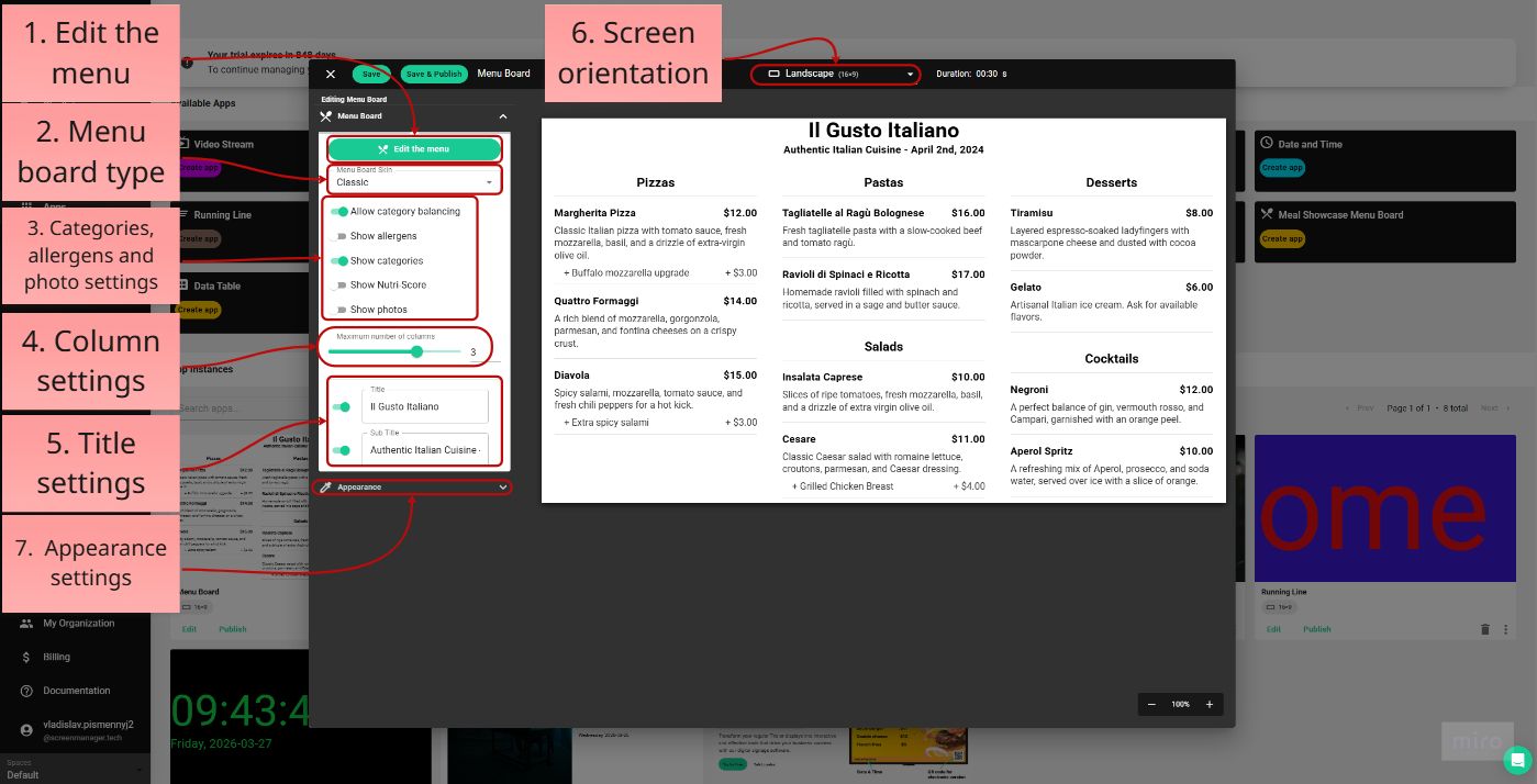 Menu board editing window