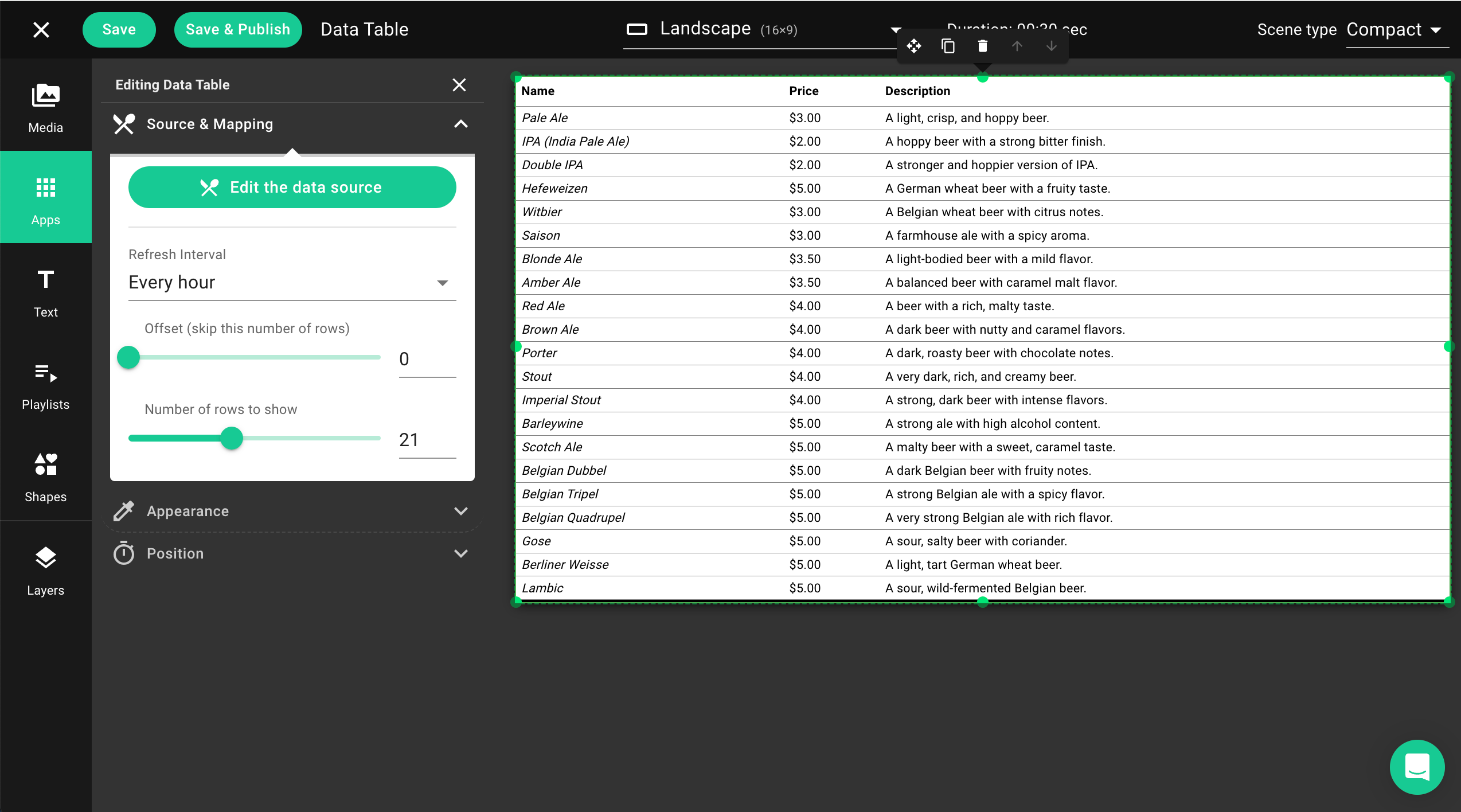 scene data table with data