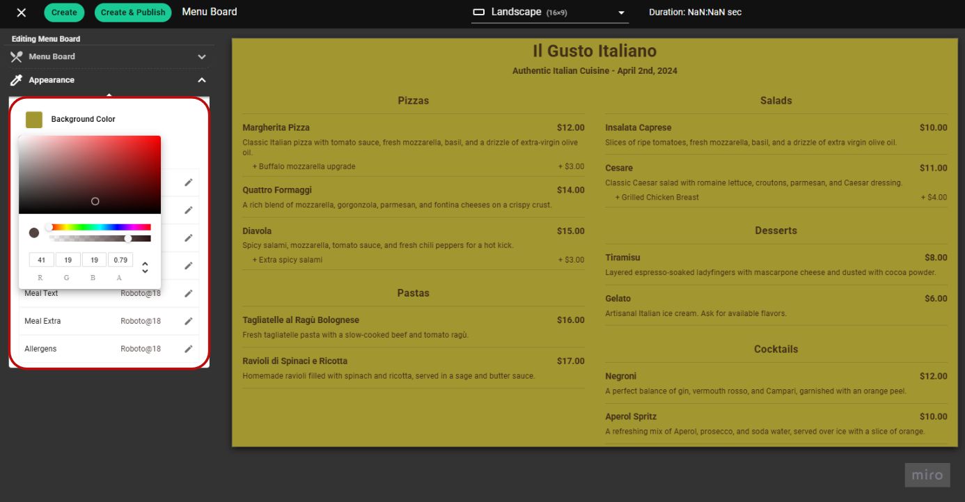 Appearance menu board