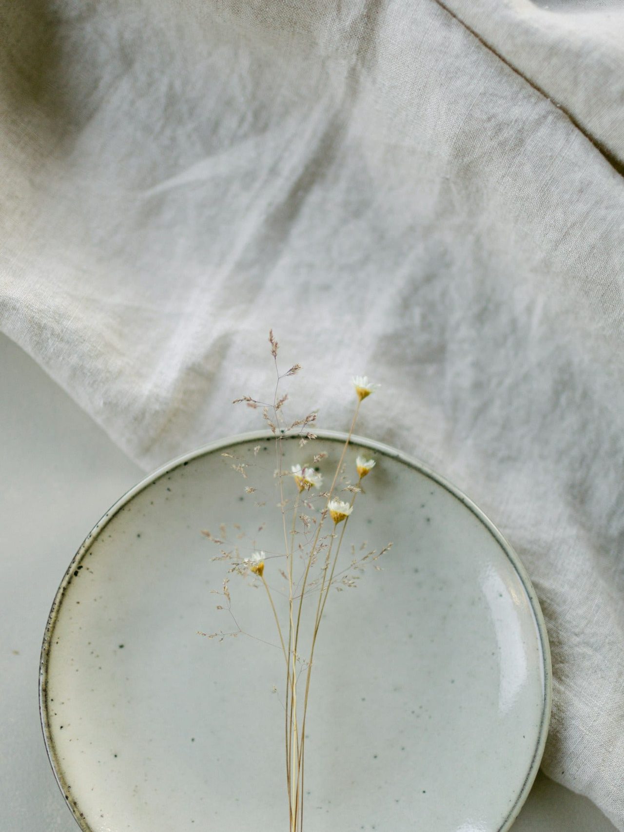 A speckled glazed plate with a single dried stem, laid on washed linen