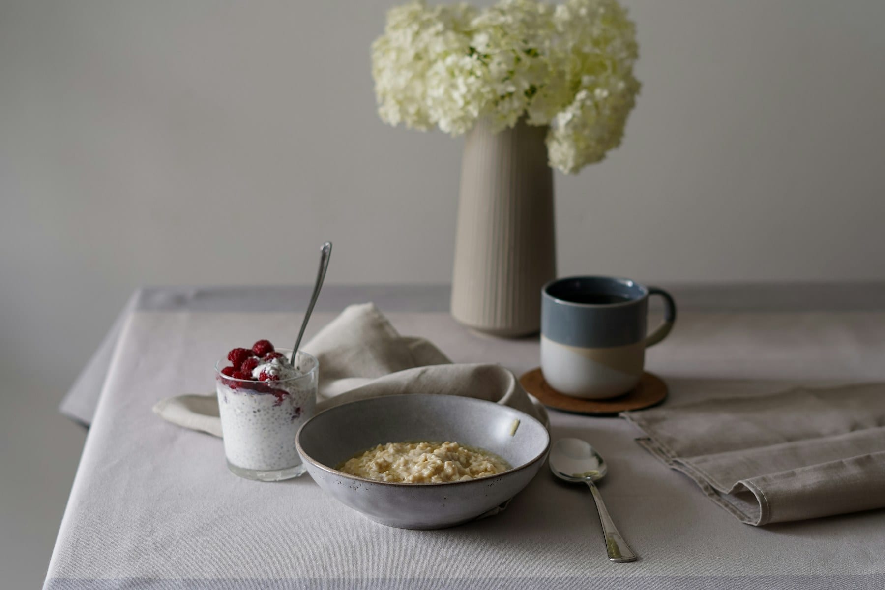 A linen-dressed table awaiting service