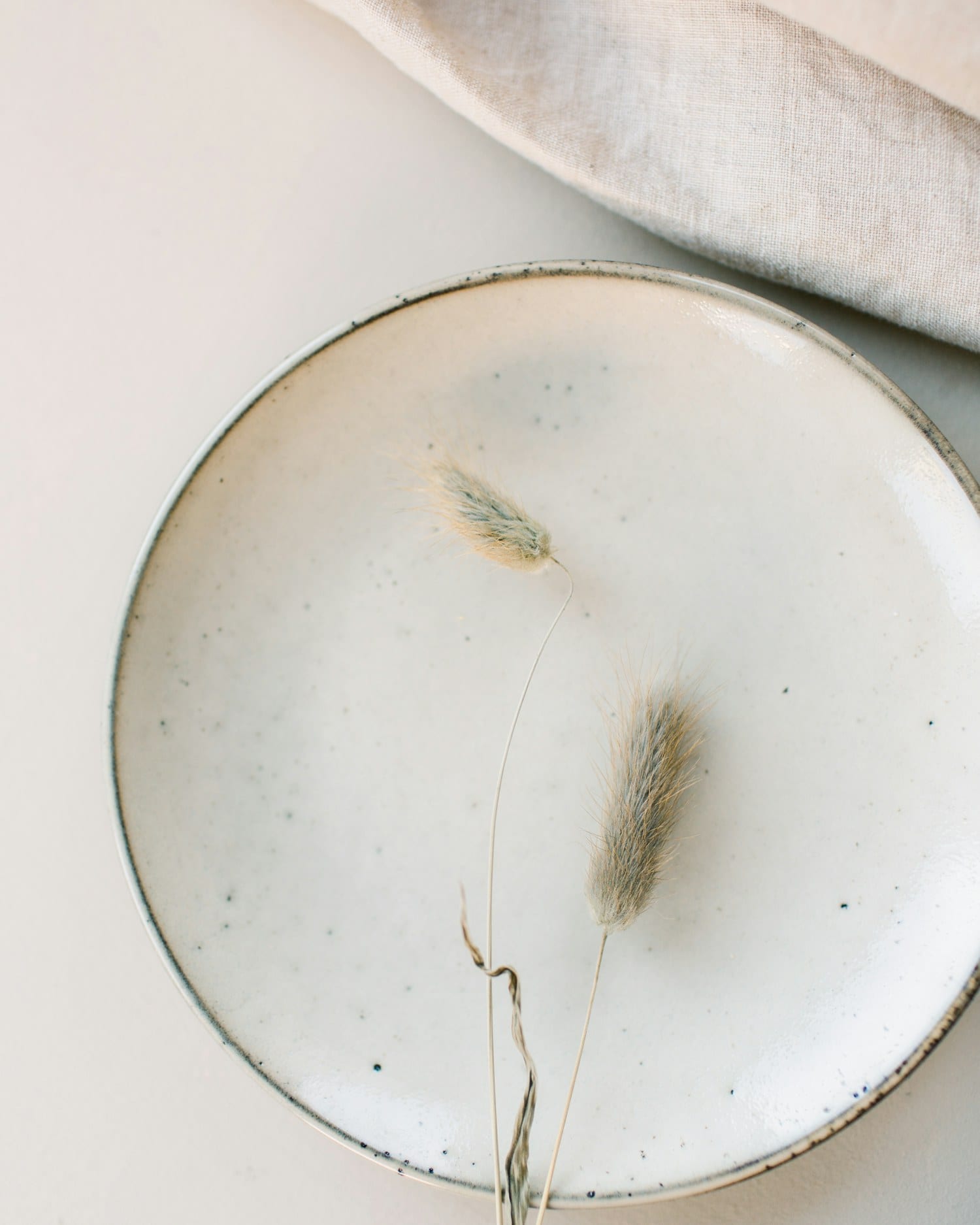 A speckled sand-glazed plate styled with a single dried grass stem