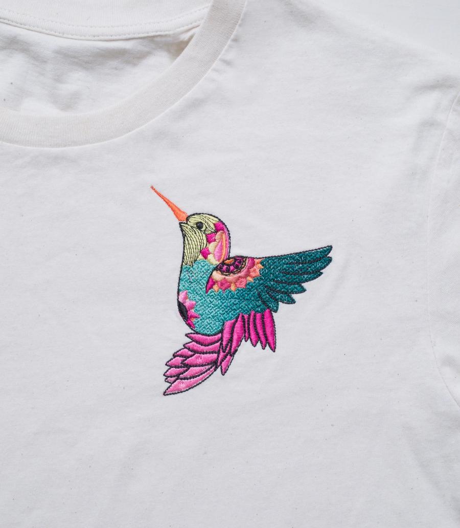Hummingbird embroidery on white shirt