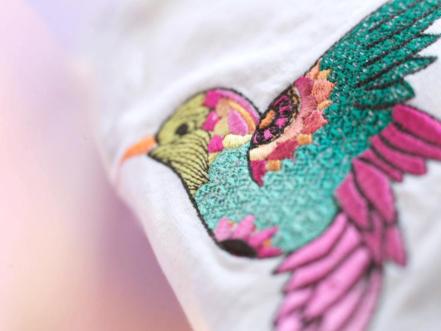 Hummingbird embroidery on white t-shirt