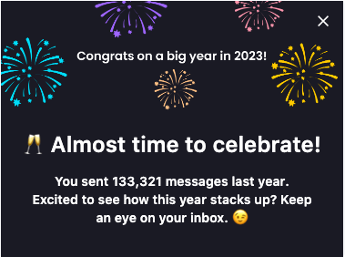 A celebratory in-app message from Customer.io showcasing our 2022 message volume of 133,321 messages.
