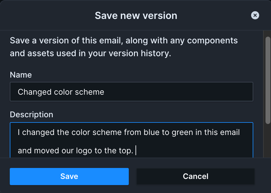 Screenshot showing the create version screen