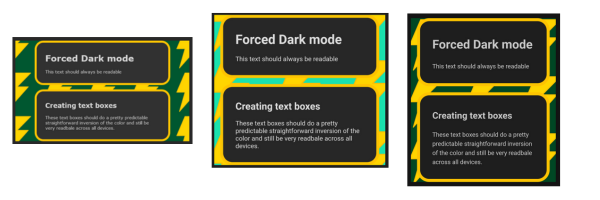 Three emails with forced dark mode applied