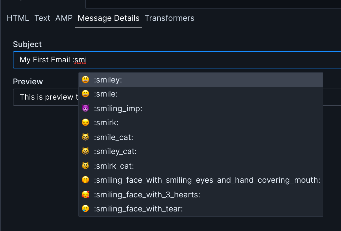 Screenshot of emoji support in the Message Details tab