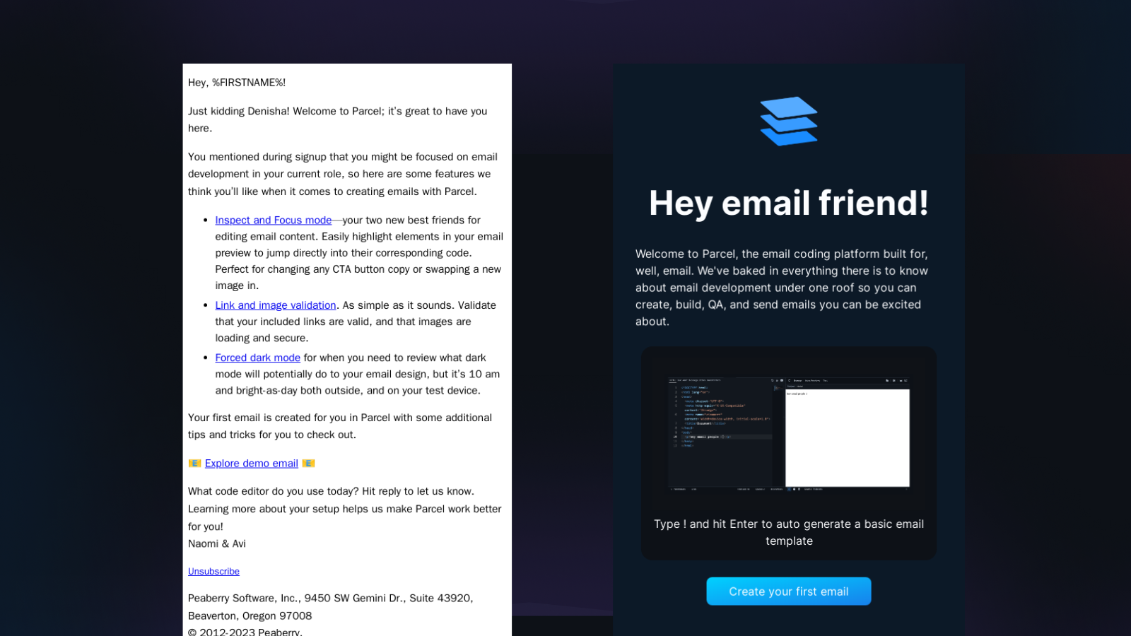 Two emails side by side. A text-based email on the left, and a designed variant on the right. 