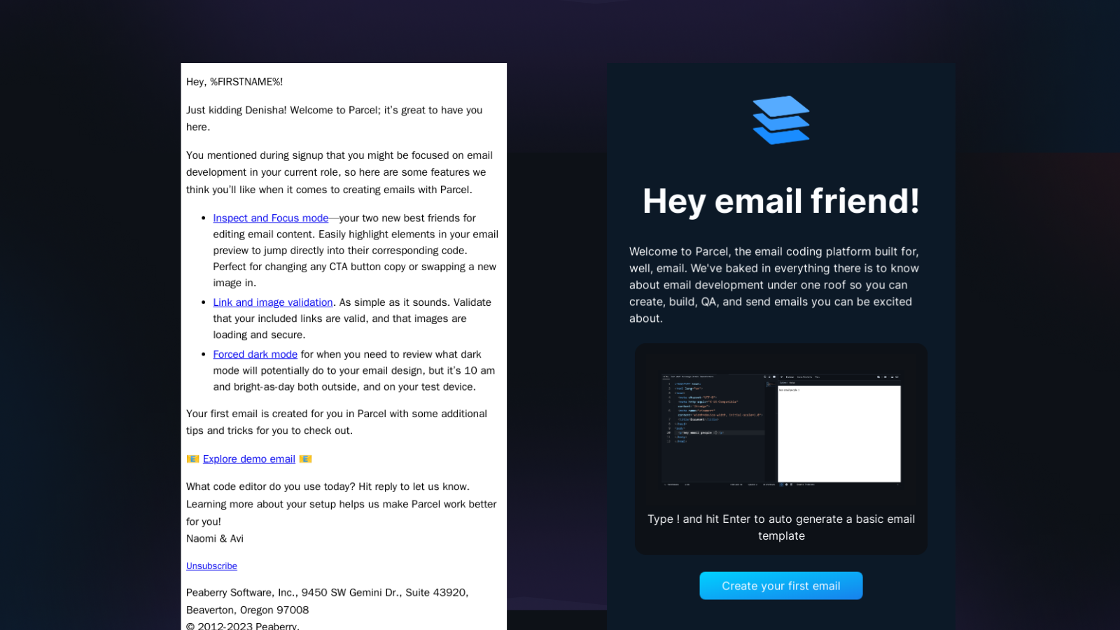 Two emails side by side. A text-based email on the left, and a designed variant on the right.