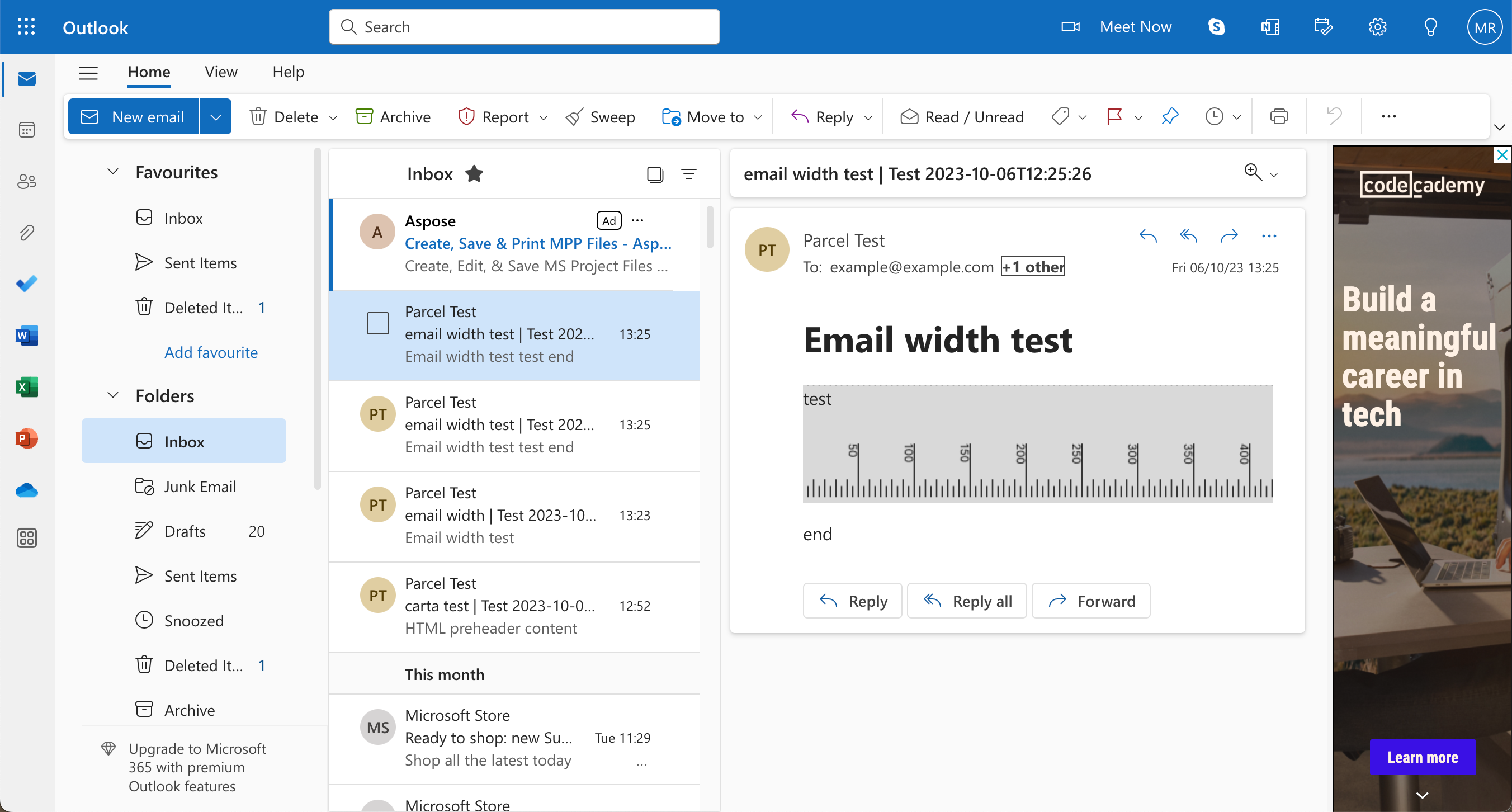 Email measuring the width of the preview pane
