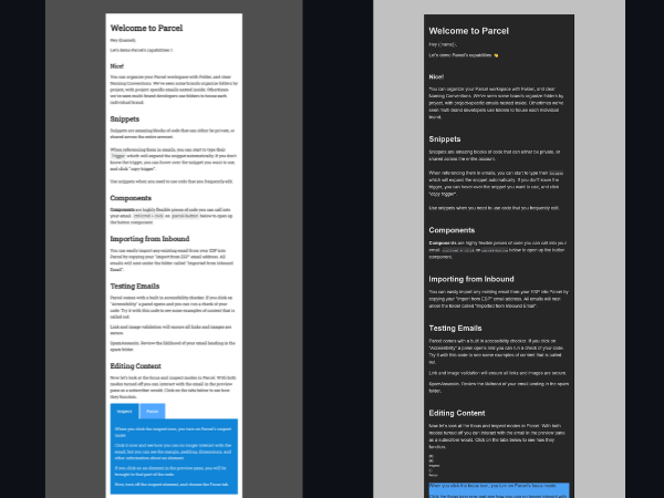 Previewing an email in the browser vs. in Outlook 365 Windows with full-color inversion.