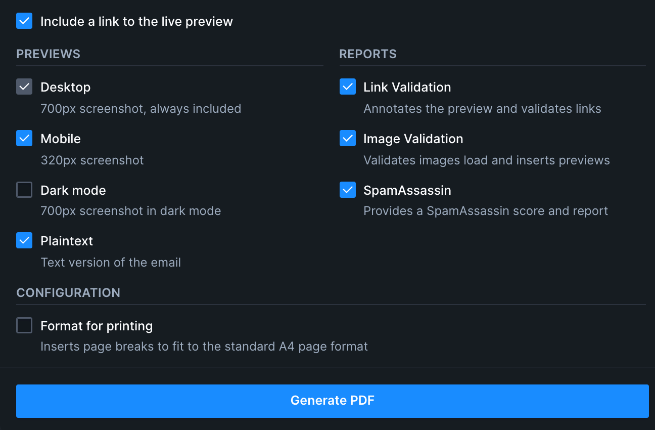 Screenshot showing the PDF export options