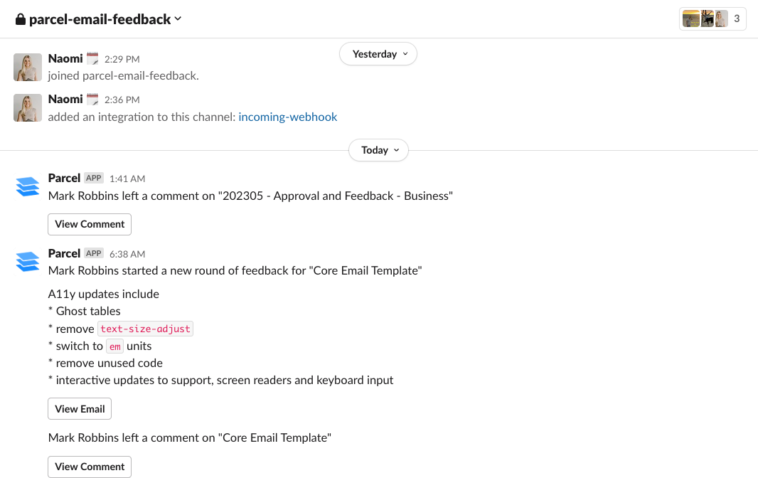 A Slack feed with webhook updates coming from Parcel.