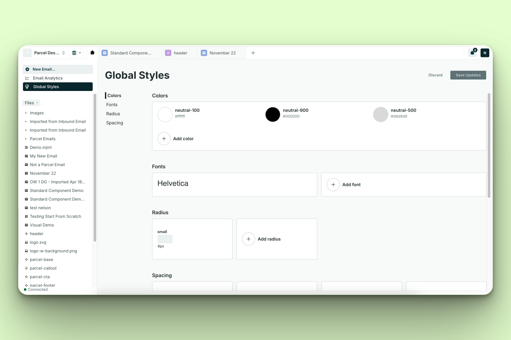 Global styles with colors, fonts, radius, and spacing