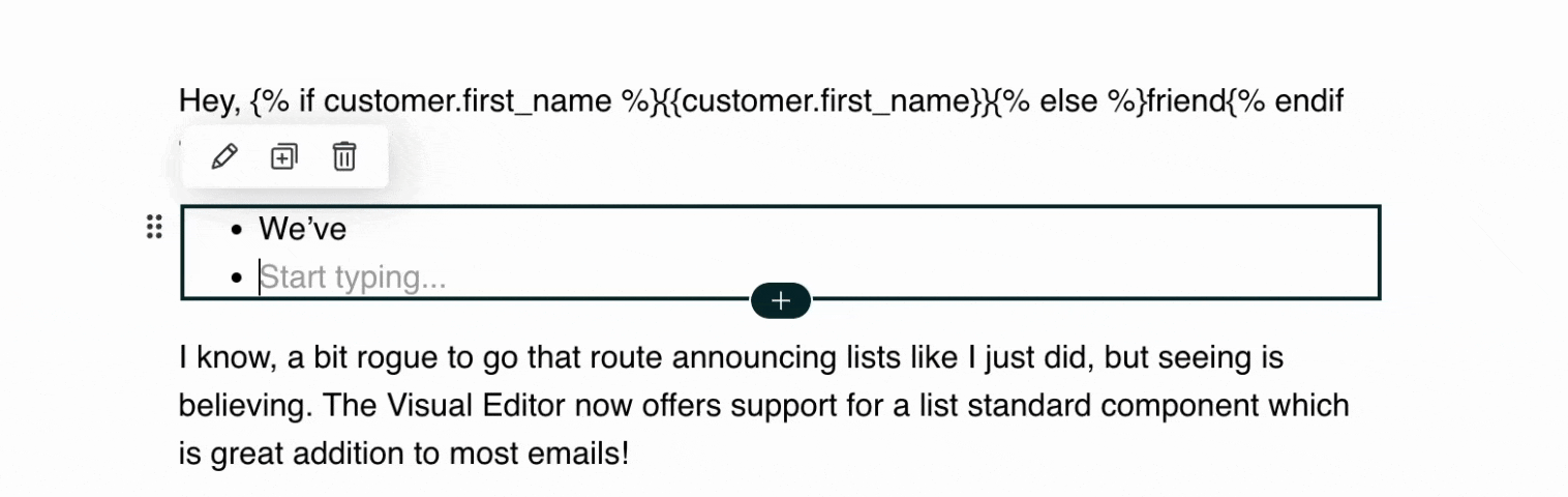 An email in Parcel that has an unordered list being created which says "We've just launched lists!" with each word separated by a line break.