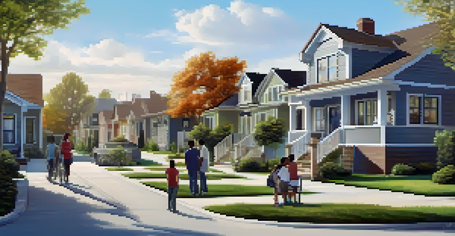 A diverse neighborhood scene with modern homes and people discussing property investments using a digital tablet.