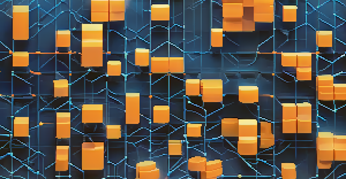 An illustration of a blockchain network with interconnected glowing blocks filled with data symbols against a dark blue background.