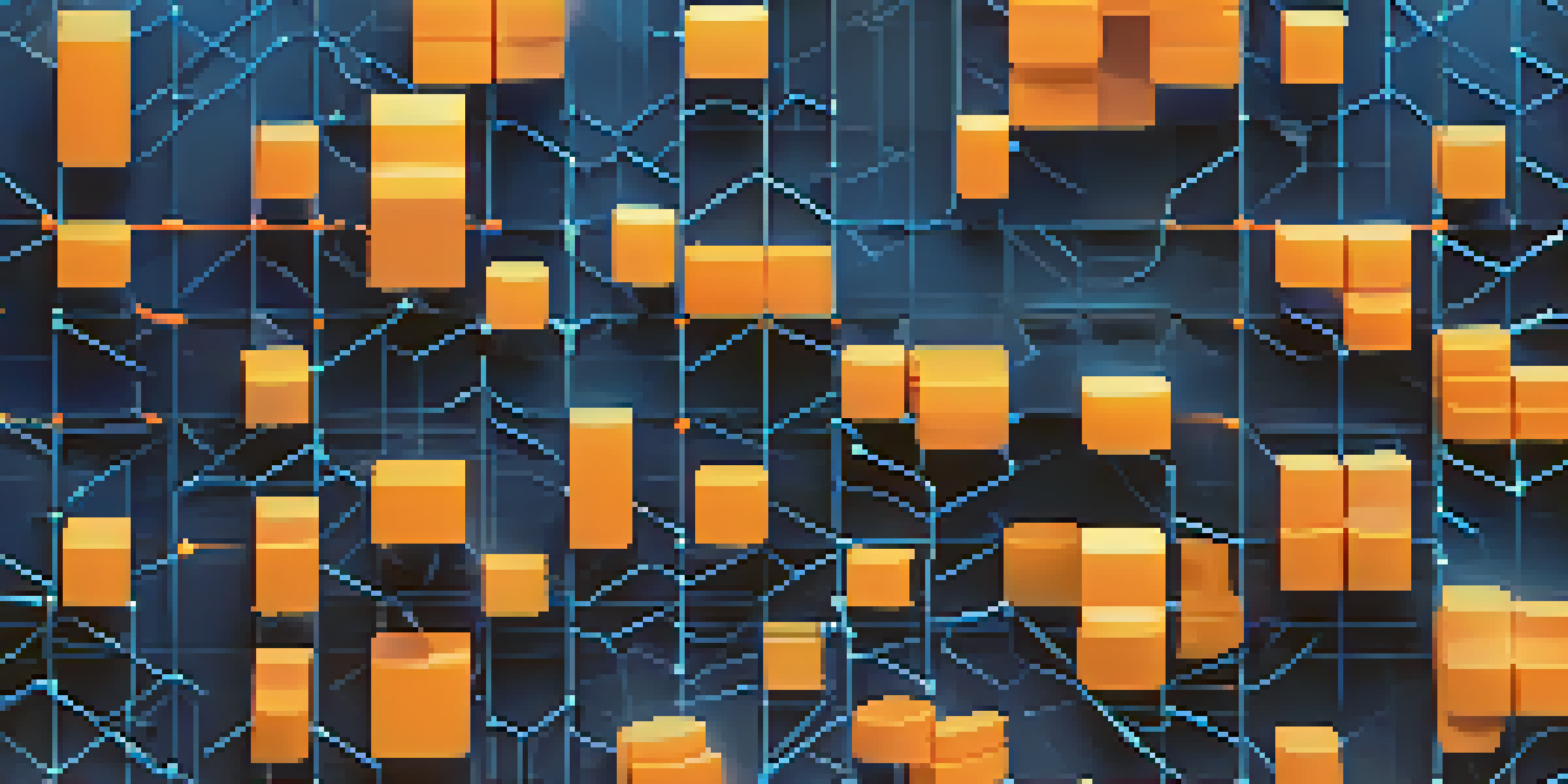 An illustration of a blockchain network with interconnected glowing blocks filled with data symbols against a dark blue background.