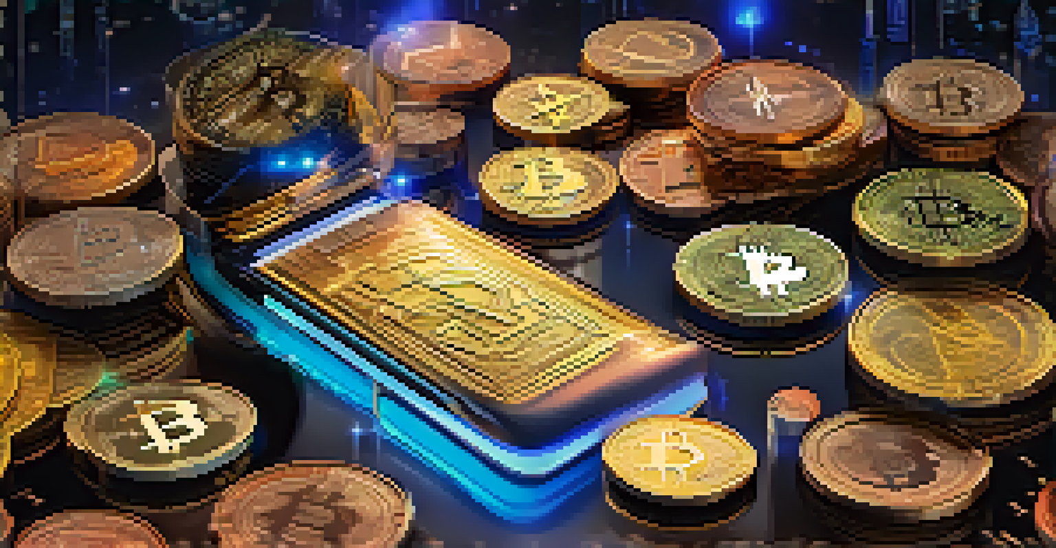 A digital wallet overflowing with various cryptocurrencies, set against a futuristic backdrop with glowing circuit patterns, symbolizing generosity.
