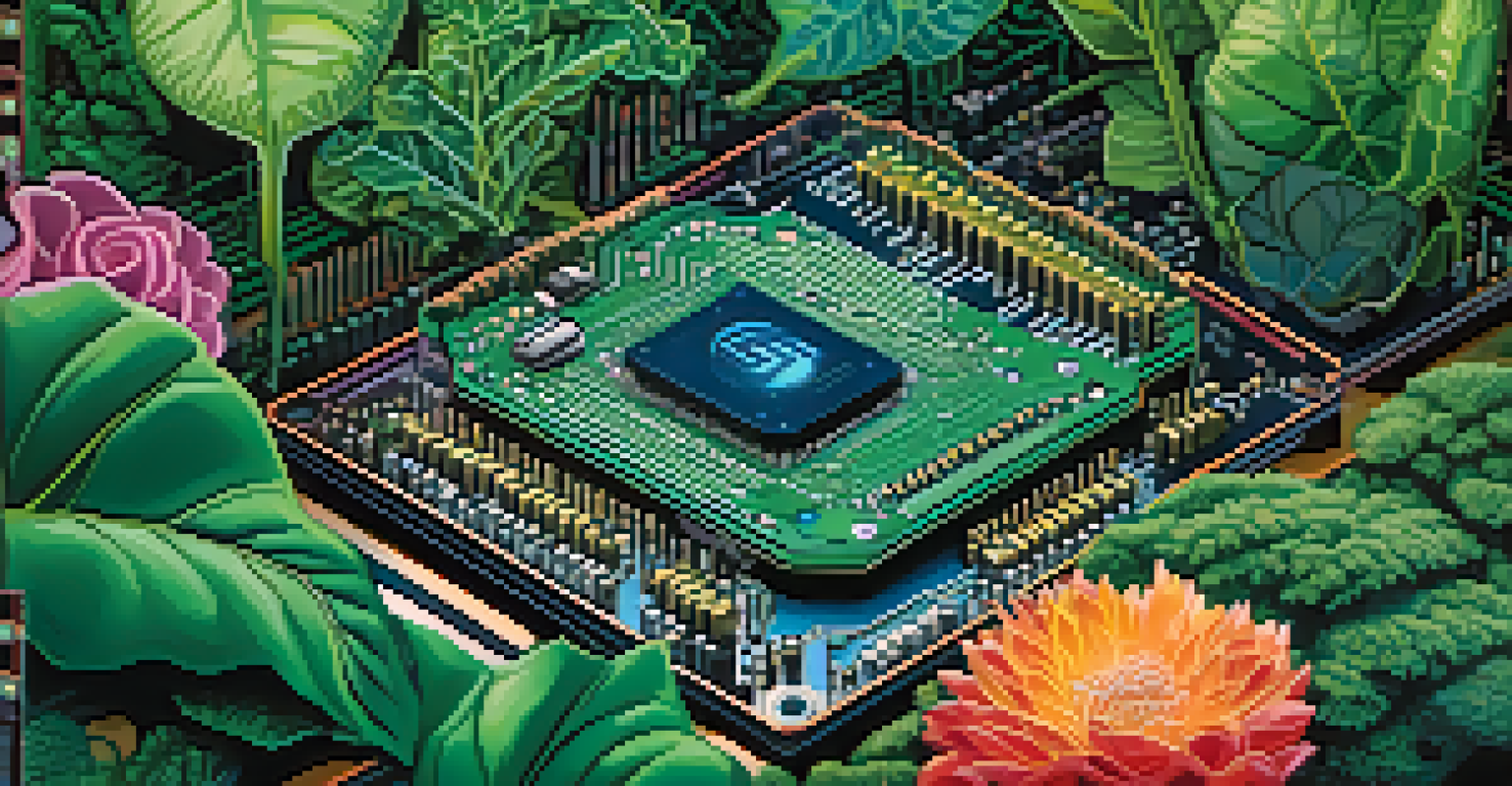 A circuit board with mining chips surrounded by flowers and greenery, highlighting the blend of technology and nature.
