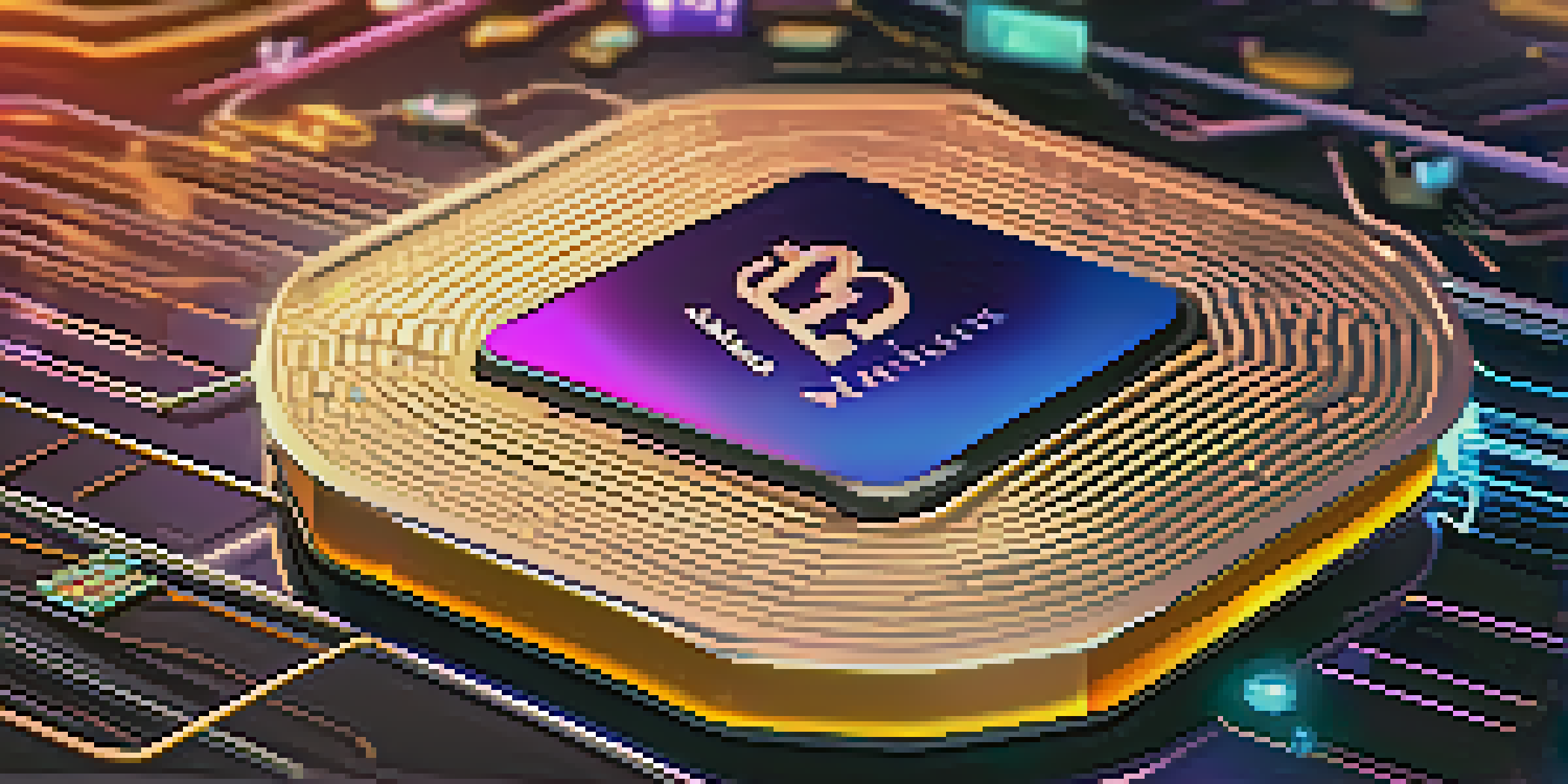 A high-tech cryptocurrency wallet with a digital interface and glowing cryptocurrency symbols around it.