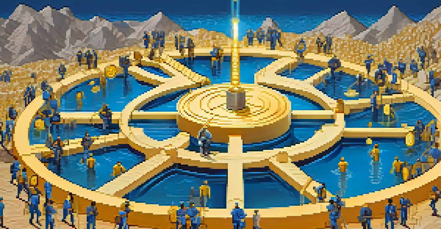 An infographic depicting a cryptocurrency mining pool with a central figure and individual miners connected, showcasing shared resources.