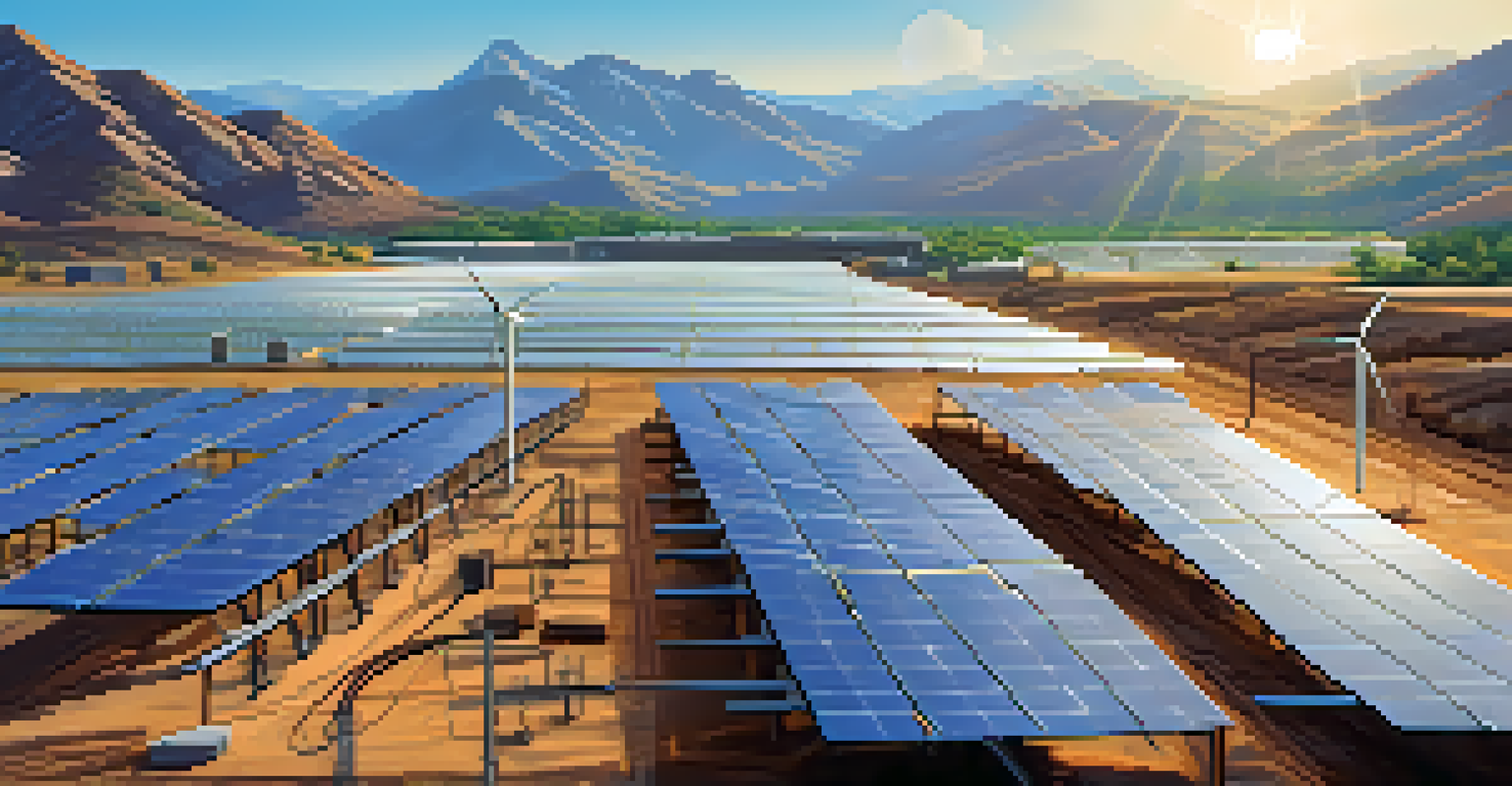 A solar-powered cryptocurrency mining facility set against a picturesque mountain landscape.