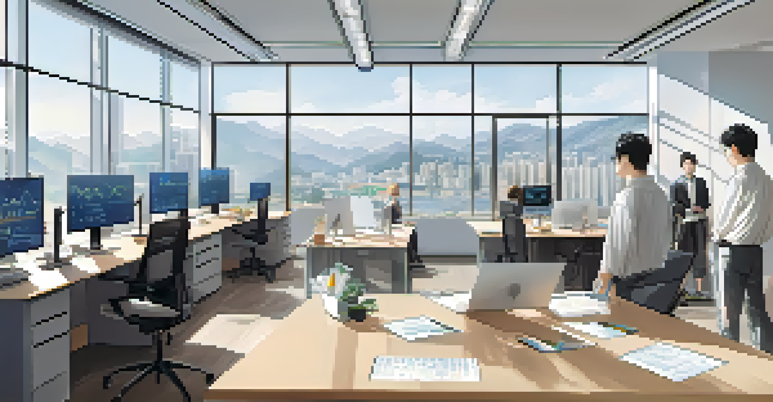 A modern office in South Korea with a diverse team working on a blockchain project, filled with natural light and digital data on a whiteboard.