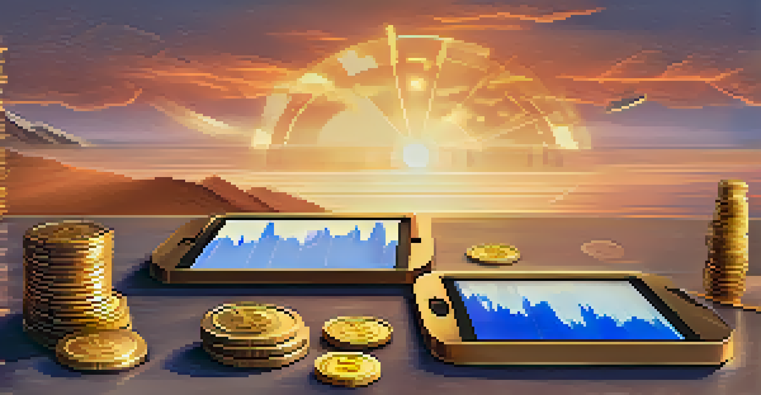 A peaceful landscape illustrating risk management in crypto trading with a balanced scale and stock chart.