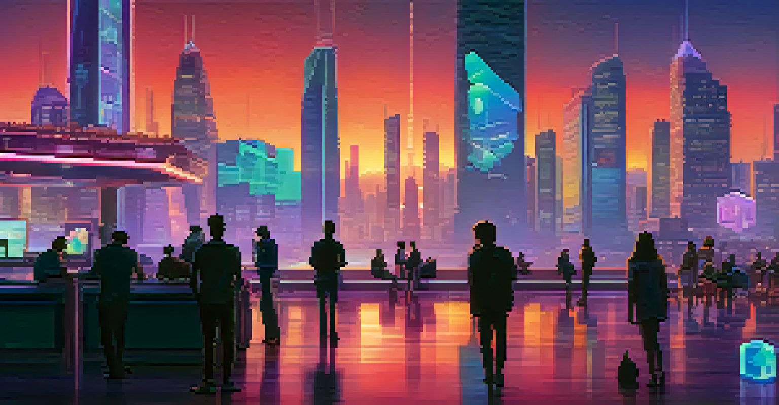A futuristic city skyline with neon lights and people using digital devices, symbolizing cryptocurrency innovation.