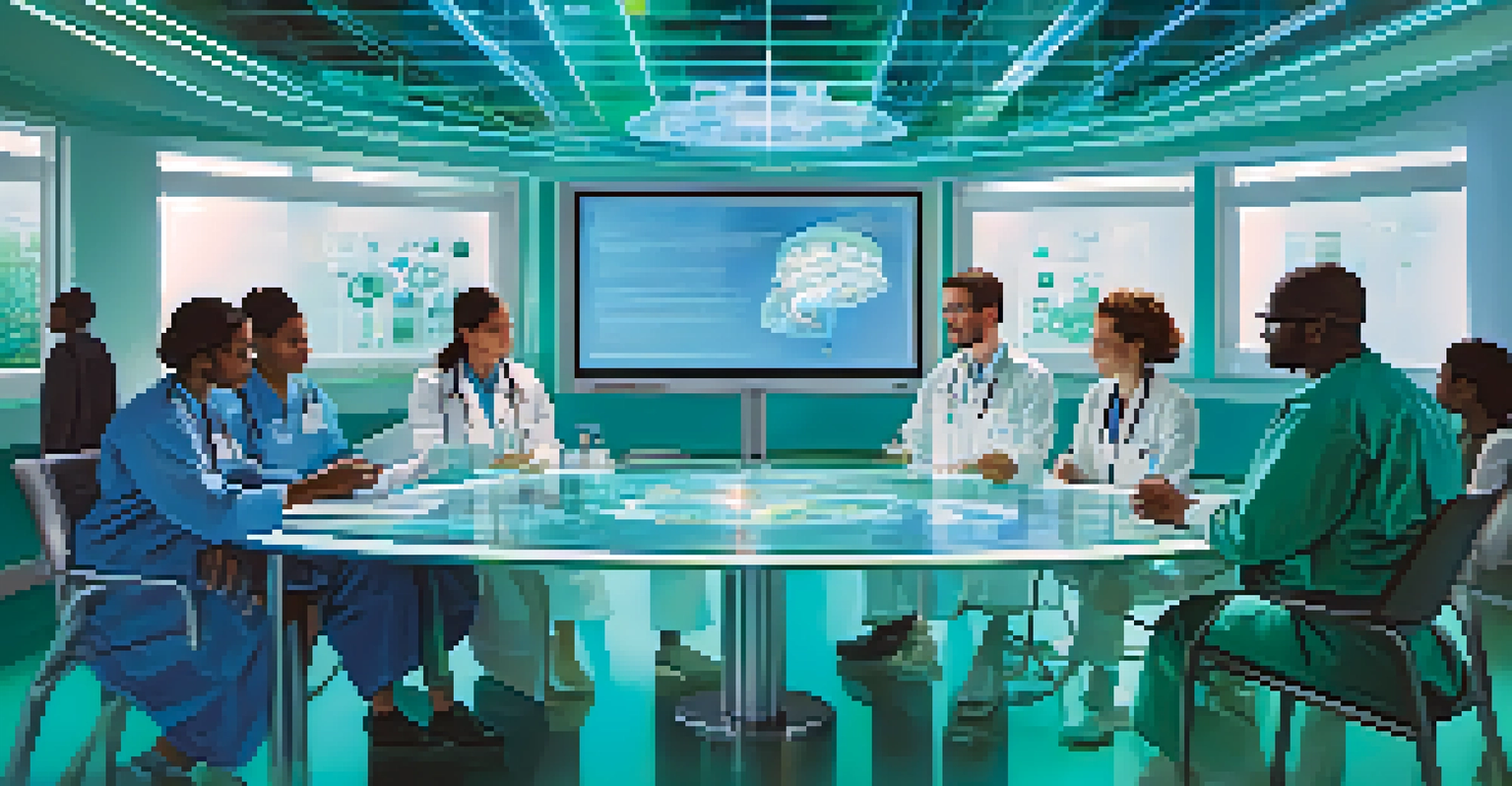 Healthcare professionals discussing patient data with holographic displays in a hospital setting, showcasing collaboration and technology.