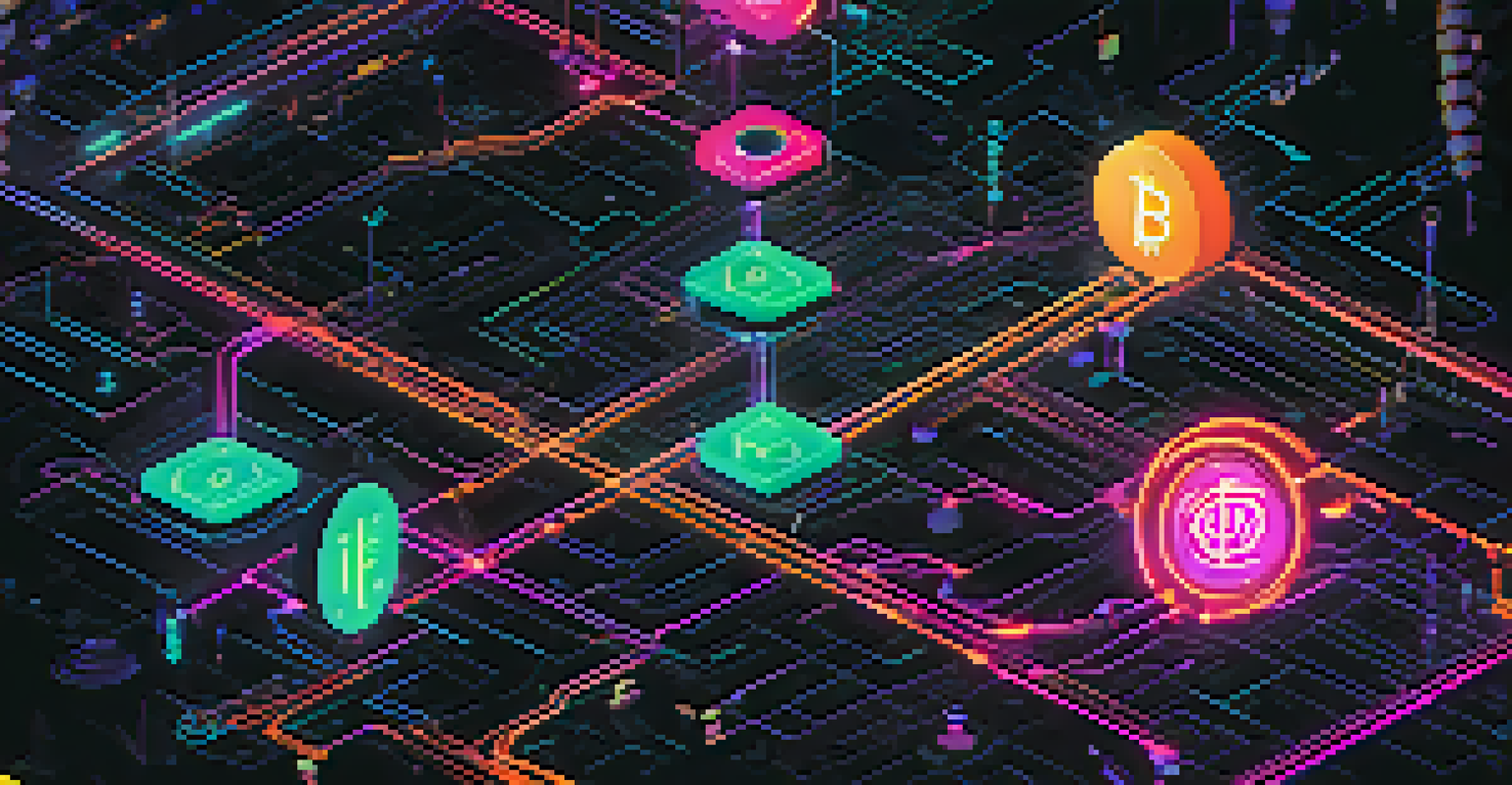 An artistic depiction of decentralized crypto exchange with glowing nodes and currency symbols in a cyberpunk style.