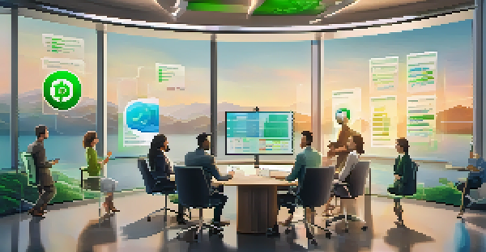 A diverse group of professionals discussing stablecoins in a bright office with a digital screen showing cryptocurrency graphs.