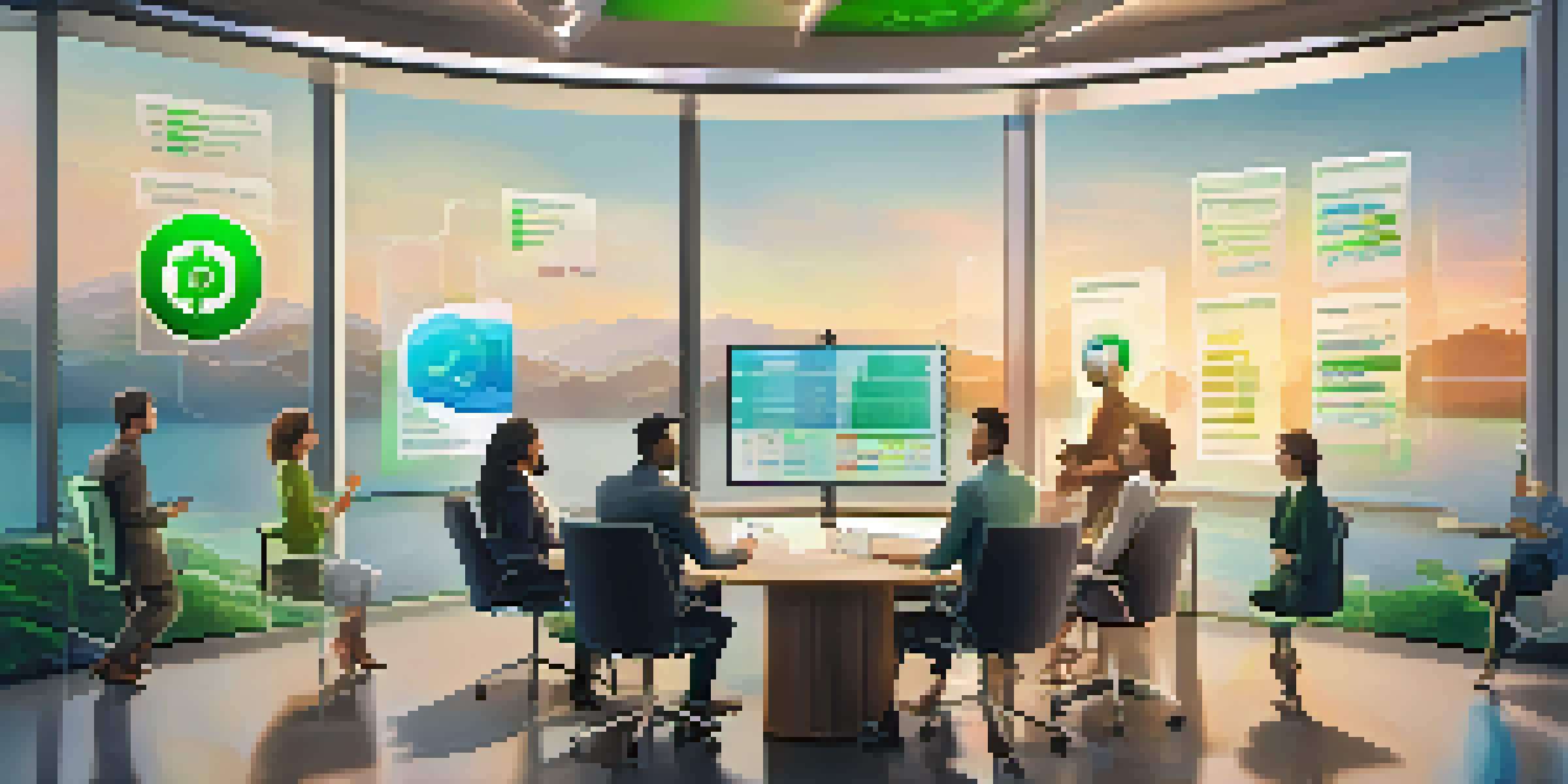A diverse group of professionals discussing stablecoins in a bright office with a digital screen showing cryptocurrency graphs.