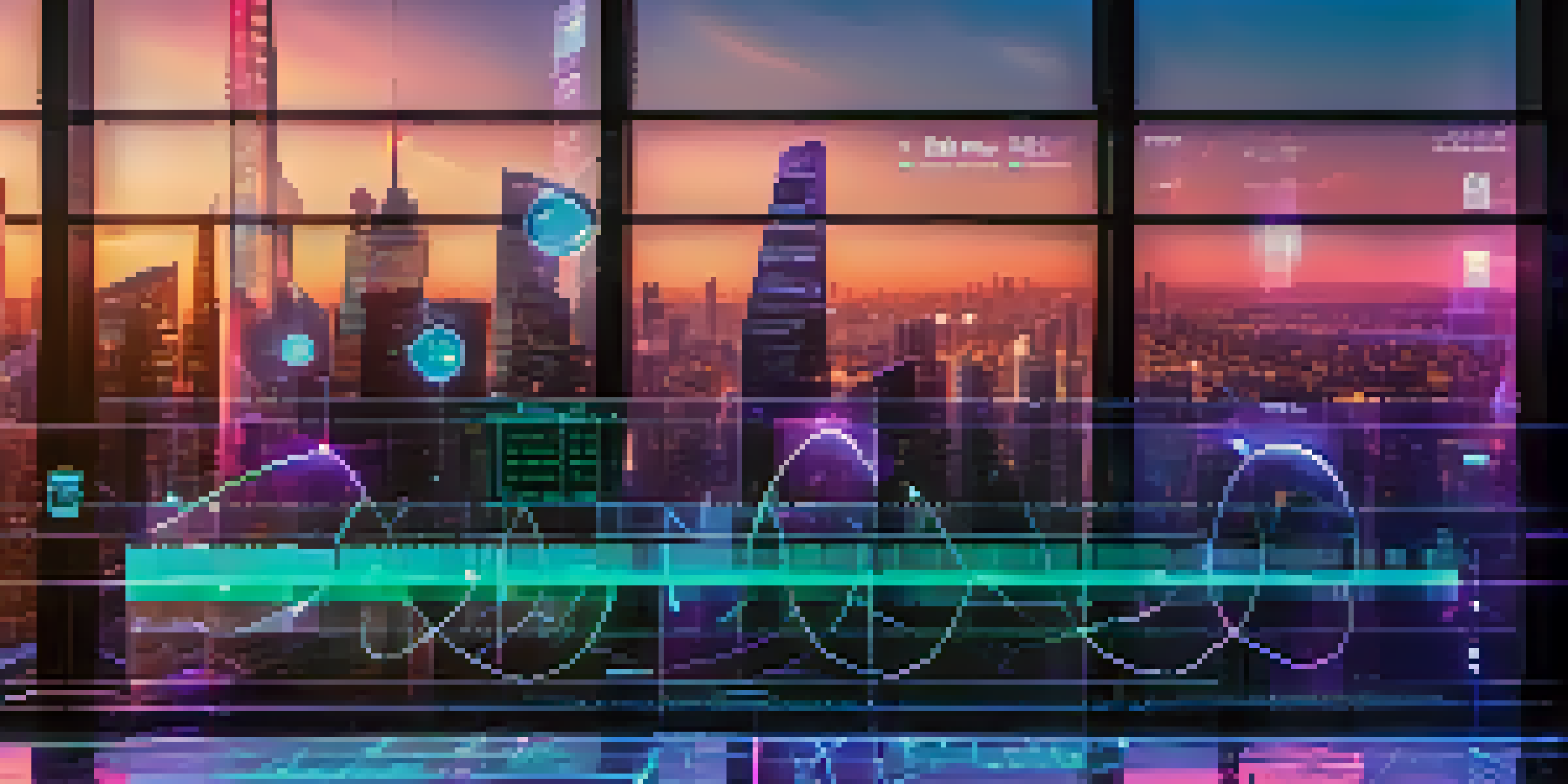 A futuristic oracle interface showing real-time cryptocurrency prices with holographic elements against a high-tech city skyline.