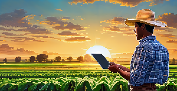 A farmer in a green field looking at a digital tablet, with crops and a sunset in the background.