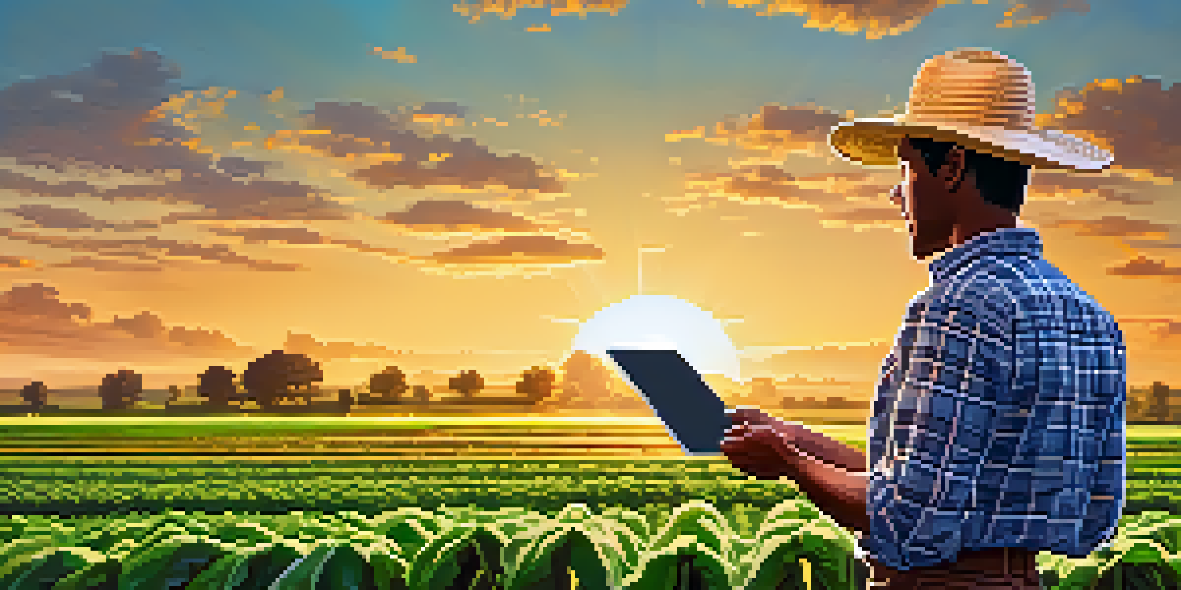 A farmer in a green field looking at a digital tablet, with crops and a sunset in the background.