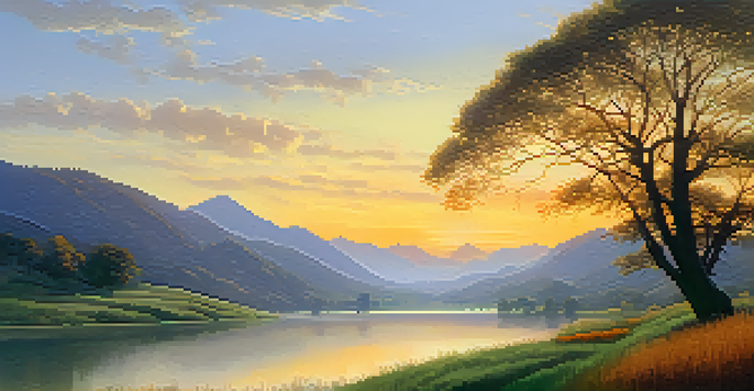 A peaceful valley at sunrise with mist over a river, a lone tree in the foreground, and distant mountains.
