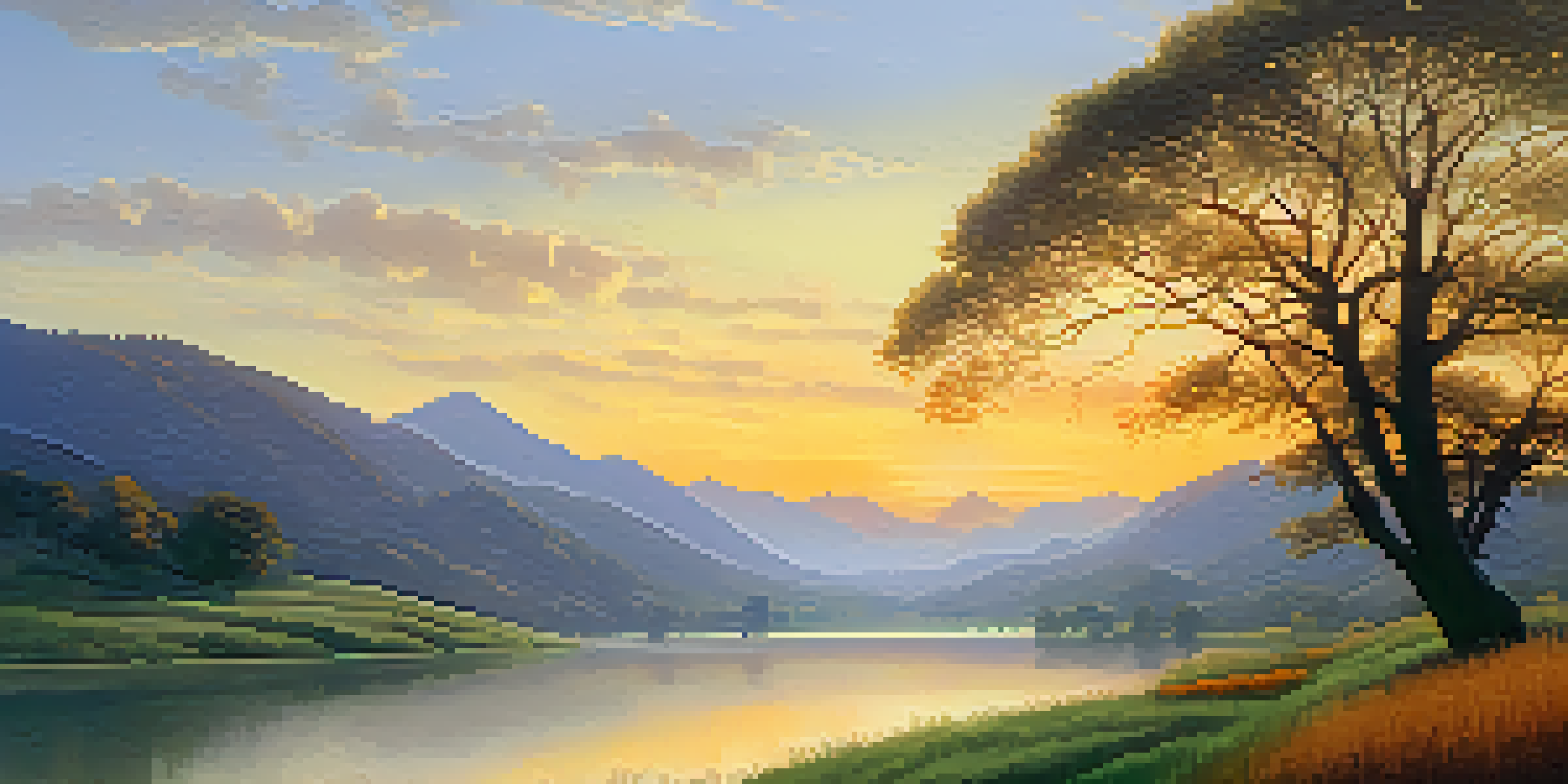 A peaceful valley at sunrise with mist over a river, a lone tree in the foreground, and distant mountains.