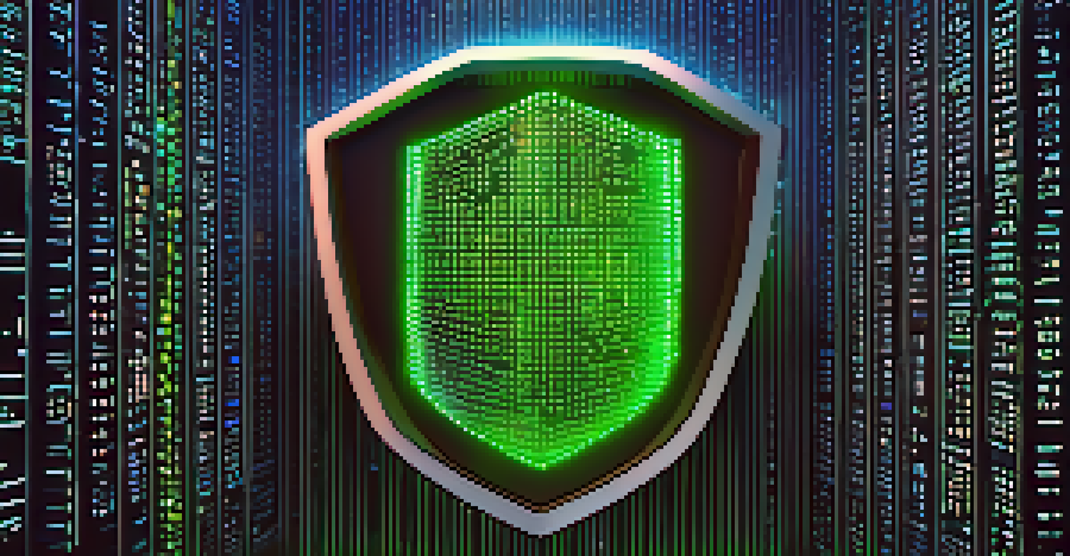 A virtual shield made of binary code protecting a cryptocurrency wallet, surrounded by shadowy figures representing phishing attackers.