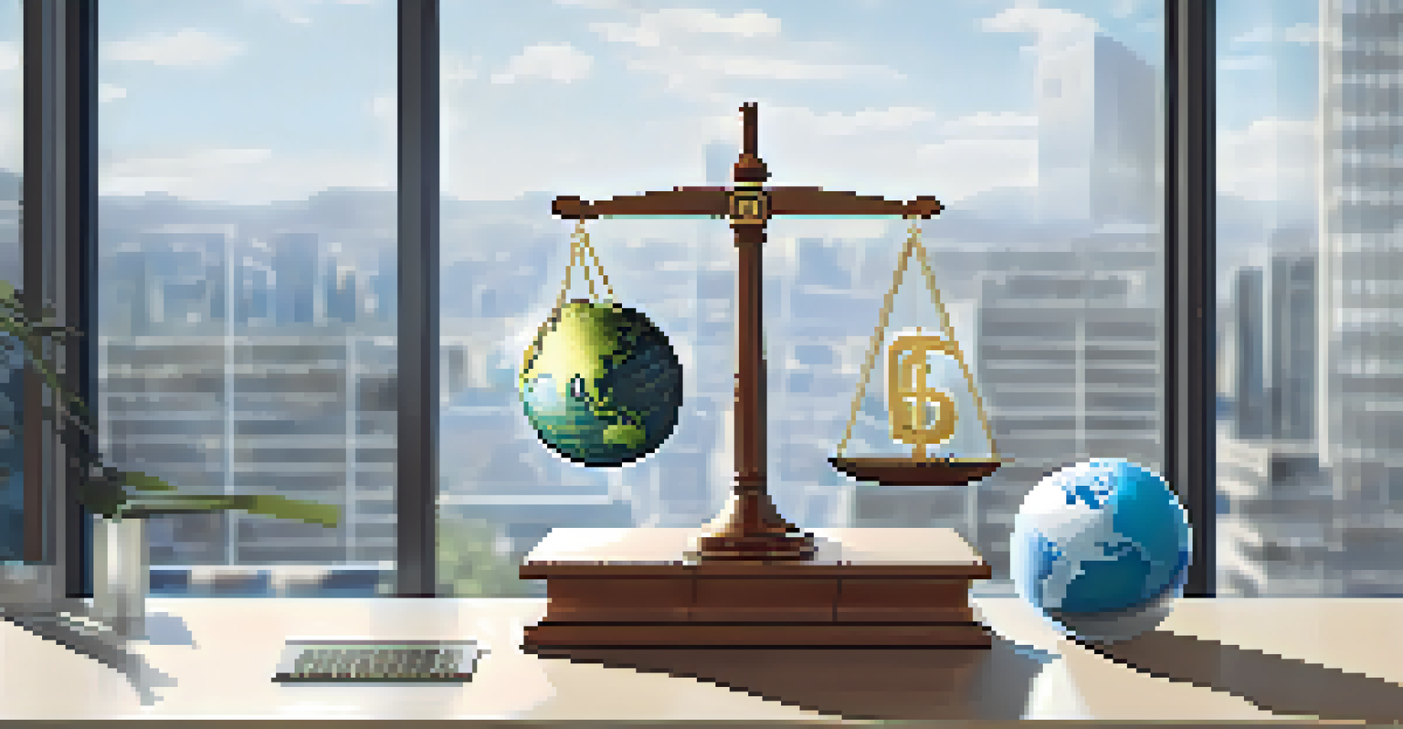 A balance scale with a digital currency symbol on one side and a globe on the other, in a modern office with natural light.